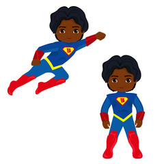 Wall Mural - Cute Boy superhero in flight and in standing position.Illustration isolated on white background