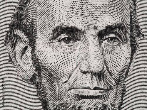 Fotografia President Abraham Lincoln face on us five dollar bill macro, 5 usd, , united sta