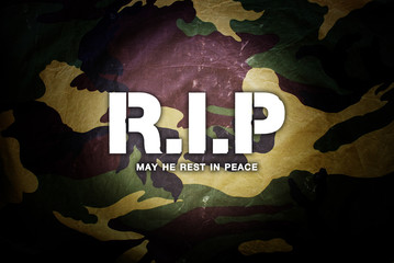 Canvas Print - Rest In Peace text with Grunge military camouflage, close up vie