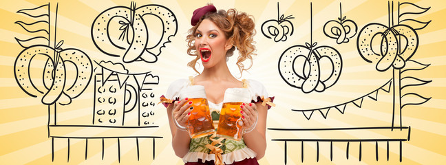 Wall Mural - Shocking fun / Beautiful sexy shocked woman wearing a traditional Bavarian dress dirndl serving two beer mugs on sketchy Oktoberfest tent with knot decoration background. 