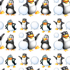 Wall Mural - Seamless penguins and snow balls