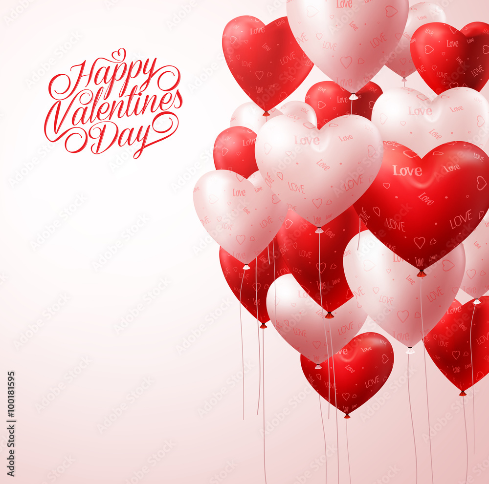 3D Realistic White and Red Heart Balloons Flying in Light for ...