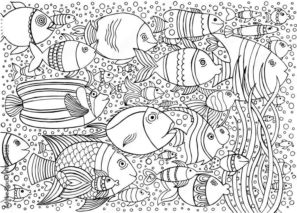 Vektor Hand drawn with ink background with many fishes in the water ...