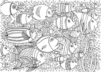 Hand drawn with ink background with many fishes in the water. Sea life design for relax and meditation. Vector illustration can be used for coloring book pages for kids and adults.