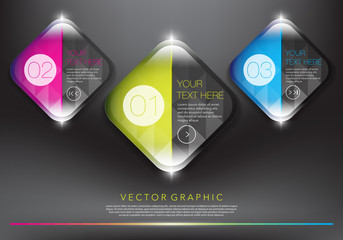 Wall Mural - Abstract vector banners set. Colorful, glossy and transparent on the black panel. 3 parts concept. Vector illustration. Eps10.