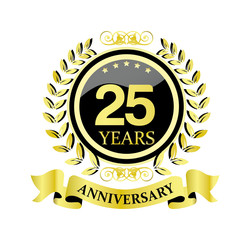 Sticker - 25 anniversary with glossy golden wreath and ribbon 