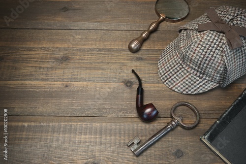 Fotografie, Obraz Sherlock Holmes Concept. Private Detective Tools On The Wood Tab