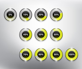 Wall Mural - Progress indicator percentage set. Completion, charging, loading or level concepts. Coloured and transparent on the white panel. Vector illustration. Eps10