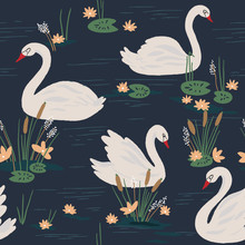 Beautiful Seamless Pattern With Swans On The Lake. Vector Illustration