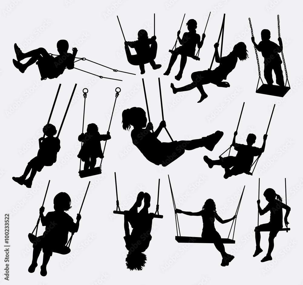 swing children male and female silhouette. Good use for symbol, logo, element, sign, mascot, or any design you want. Easy to use. - obrazy, fototapety, plakaty 