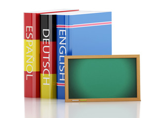Poster - 3d Stack of dictionaries and Blackboard. Language learning