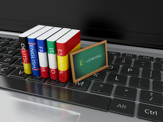 Poster - 3d Dictionaries and blackboard on computer keyboard. E-learning
