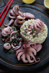 Wall Mural - Close-up of octopuses served with brown rice, selective focus