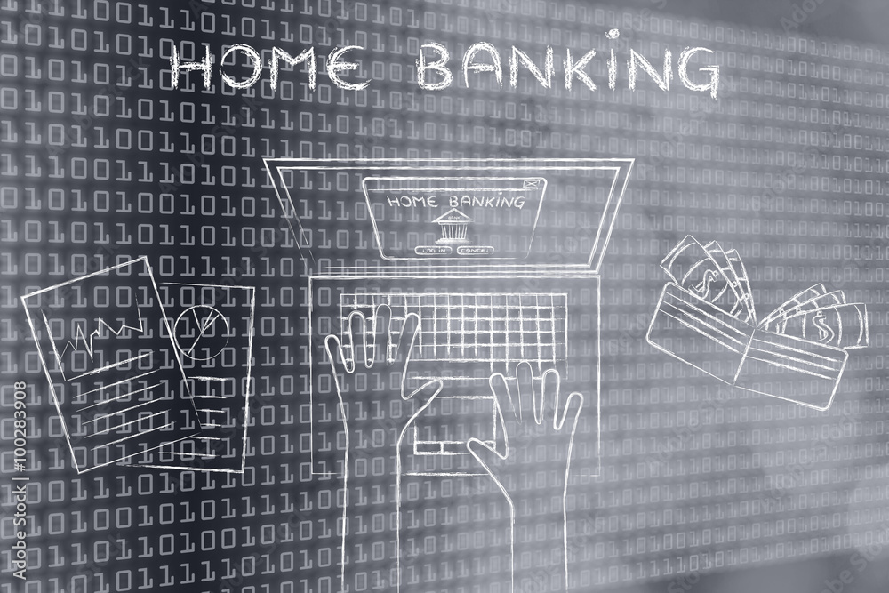 bank account owner at his laptop with text Home banking Stock ...