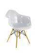 White Shiny Plastic Chair with Wooden Legs on White Background, Three Quarter View