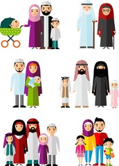 Wall Mural - Traditional muslim family with children and maturity.  Set of vector  illustration arab  family in national clothes.
