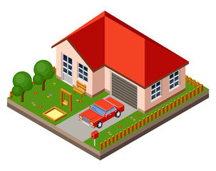 Wall Mural - Isolated isomatic cottage. Country life. Garage. Green grass. Lawn. Swing. Vector illustration