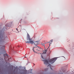 Wall Mural - Bouquet of fresh roses, flower bright background and butterfly.