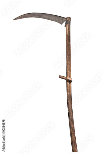 Fotografía Scythe isolated on white. Old farm implement.