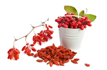 Wall Mural - metal bucket with berberries near heap of goji berries  isolated