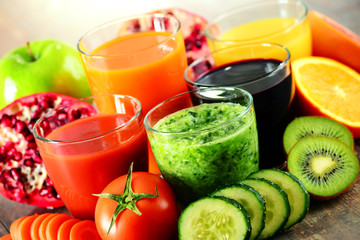 Glasses of fresh organic vegetable and fruit juices