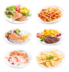 Wall Mural - plates of various meat, fish and chicken on white background