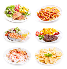 Poster - plates of various meat, fish and chicken on white background