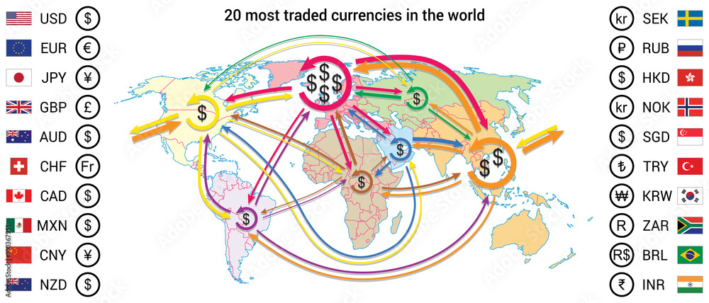 Trade Coin Map World trade currents map with 20 most traded currencies. Currency ...