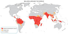 Malaria Disease Around The World, 2014. Warning Map For Travelers With Dangerous Areas Recommended For Vaccination. Fully Editable Vector Map.