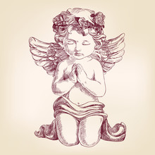 Angel Prays On His Knees Hand Drawn Vector Llustration  Realistic  Sketch