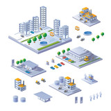 Fototapeta  - A large set of isometric urban buildings. The picture presented supermarkets, houses, skyscrapers.