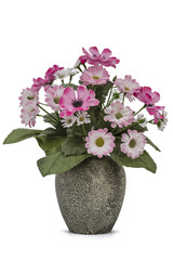 Bouquet of artificial flowers in a ceramic vase isolated on a wh