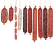 selection salami sausages isolated on white background