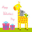 Happy Valentines Day. Love card. Cute giraffe, koala and parrot. Giftbox set Baby background Flat design