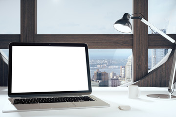 Poster - Blank laptop screen in modern room with round window, lamp and c