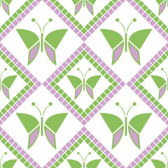 Wall Mural - Seamless vector pattern with insects, symmetrical geometric green background with butterflies. Decorative repeating ornament