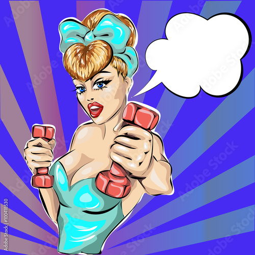 Obraz w ramie Pop Art, Pin-up fitness girl with dumbells and speech bubble