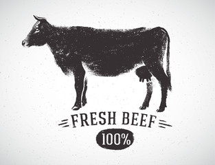 Graphical silhouette cow and inscription. Vector illustration, drawn by hand.