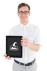 Poster - Composite image of geeky businessman showing his tablet pc