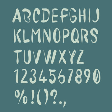 Hand drawn brush alphabet. Uppercase, numbers, punctuation. Handwritten font.