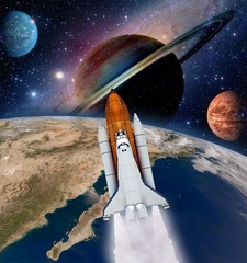 Wall Mural - shuttle rocket ship launch milky way galaxy saturn planet moon space. elements of this image furnish