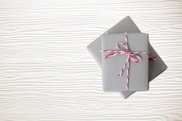 Vintage gift boxes on white wood background