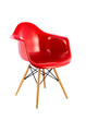 Red Shiny Plastic Chair with Wooden Legs on White Background, Three Quarter View