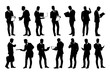 © sharplaninac - Set of detailed businessman in suit silhouettes using holding various business objects. Easy editable layered vector illustration