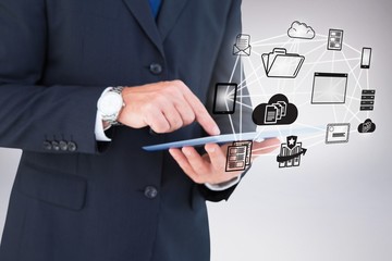 Poster - Composite image of smiling businessman in glasses with arms out