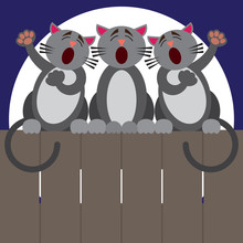 Three Cats Sitting On A Fence At Night Putting On A Performance