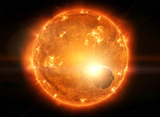 Wall Mural - exploding sun in space close to planet earth and moon