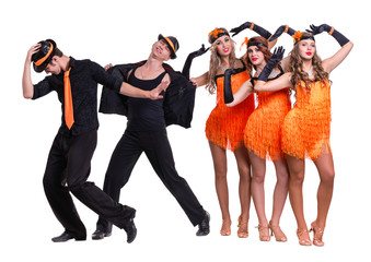 Wall Mural - Cabaret dancer team dancing.  Isolated on white background in full length.