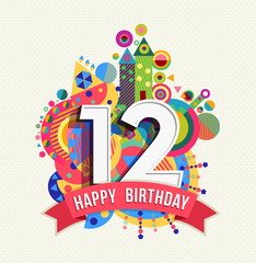 Wall Mural - Happy birthday 12 year greeting card poster color