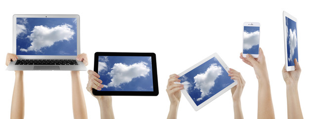 Poster - Hands holding electronic gadgets with sky on screens, isolated on white. Cloud computing concept